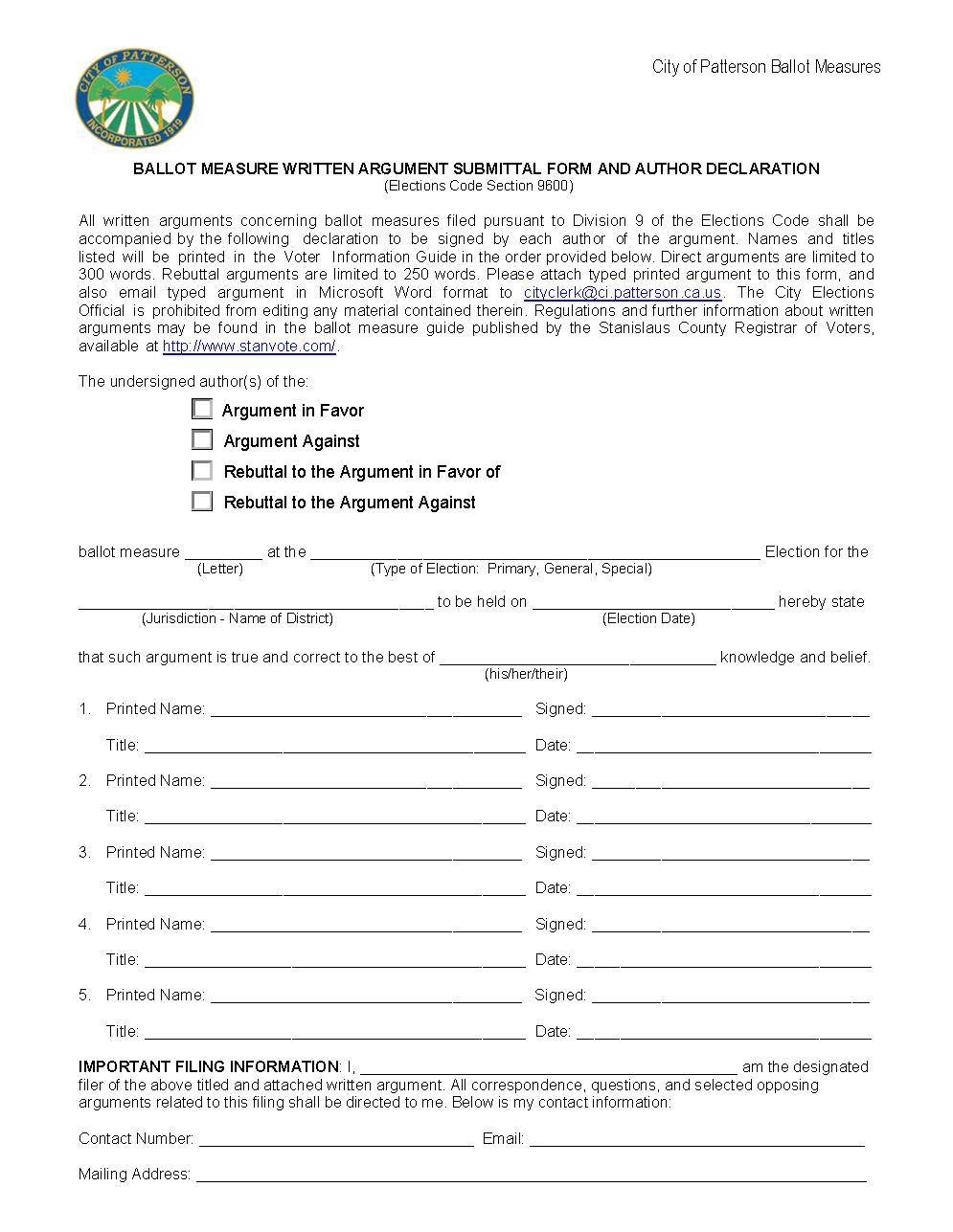 Ballot Measure Written Argument Submittal Form And Author Declaration (CW093843xDCB25)
