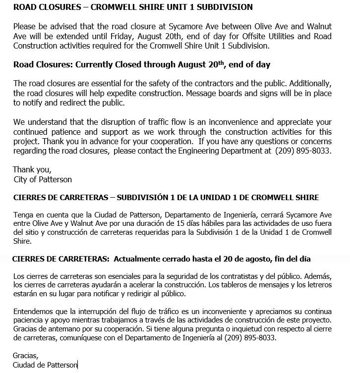 Road Closure 8.12.21