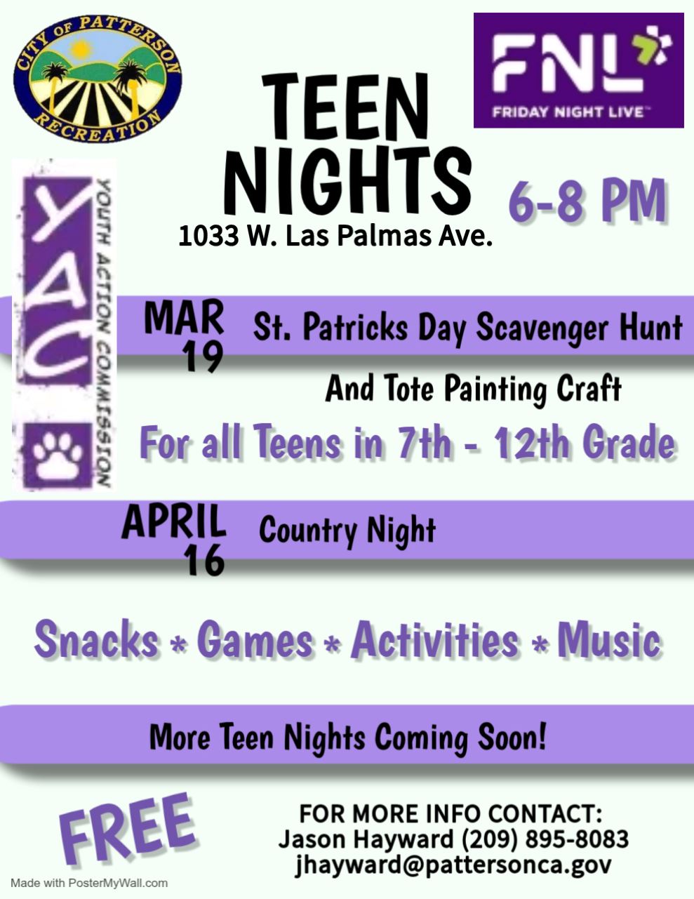 YAC Teen Night Flyer March - April 2025 Flyer